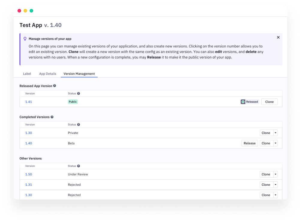 App Studio Manage Versions